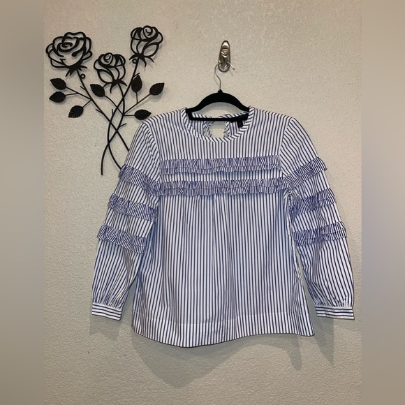 J. Crew Tops - J. Crew  Top Womens Sz 0 Blue Striped Casual Ruffle Long Sleeve Blouse Cottage